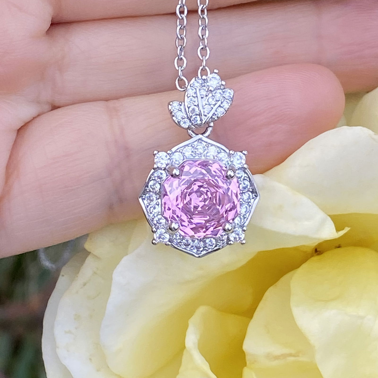 18K White Gold Plated Radiant-Cut Pink Sapphire and Moissanite Halo Pendant Necklace - 7
