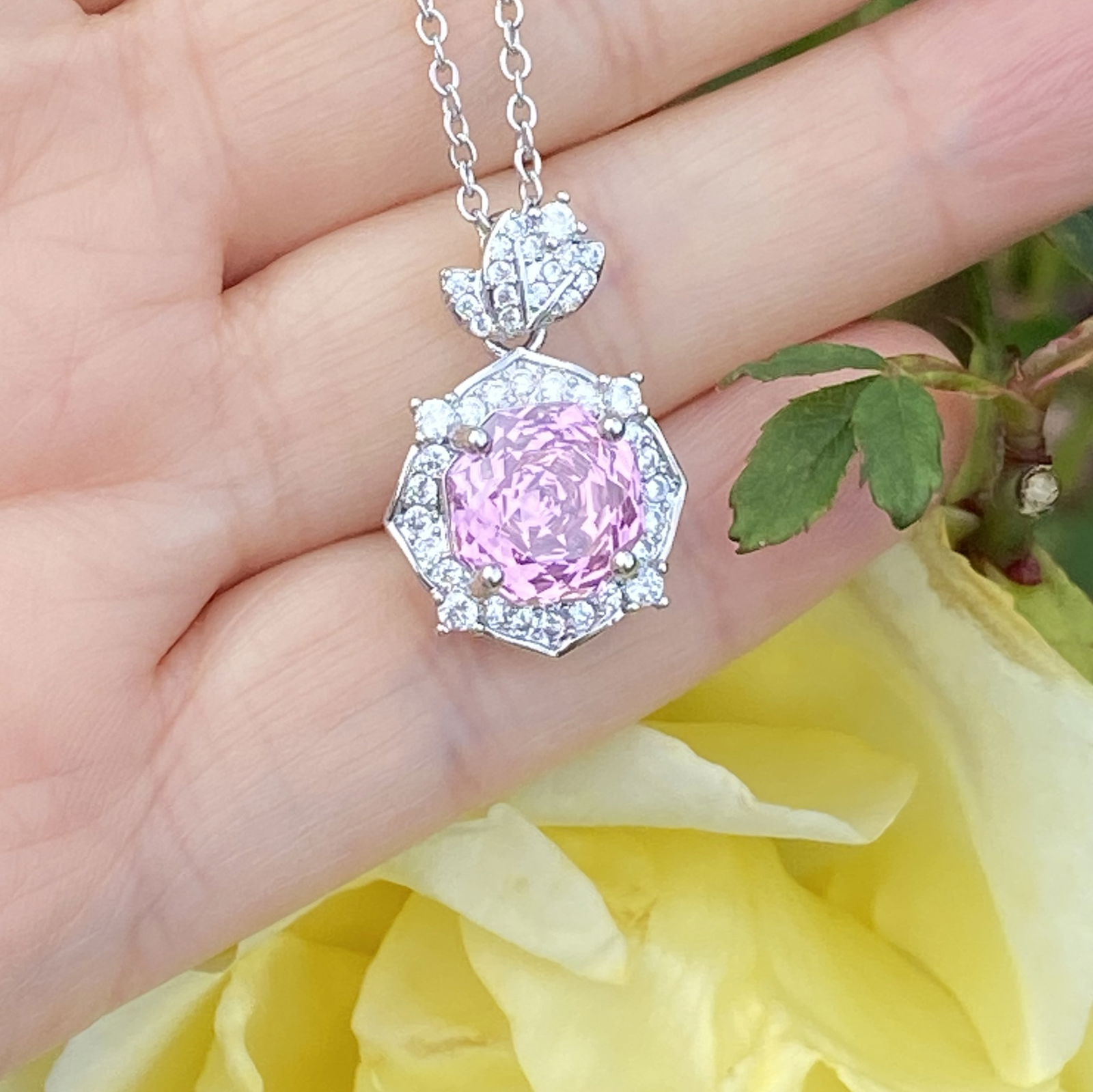 18K White Gold Plated Radiant-Cut Pink Sapphire and Moissanite Halo Pendant Necklace - 9
