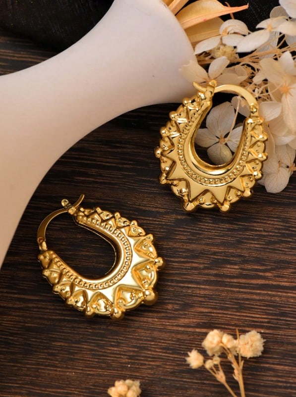 Retro Gold Plated Victorian Spiked Oval Creole Hoop Earrings - 3