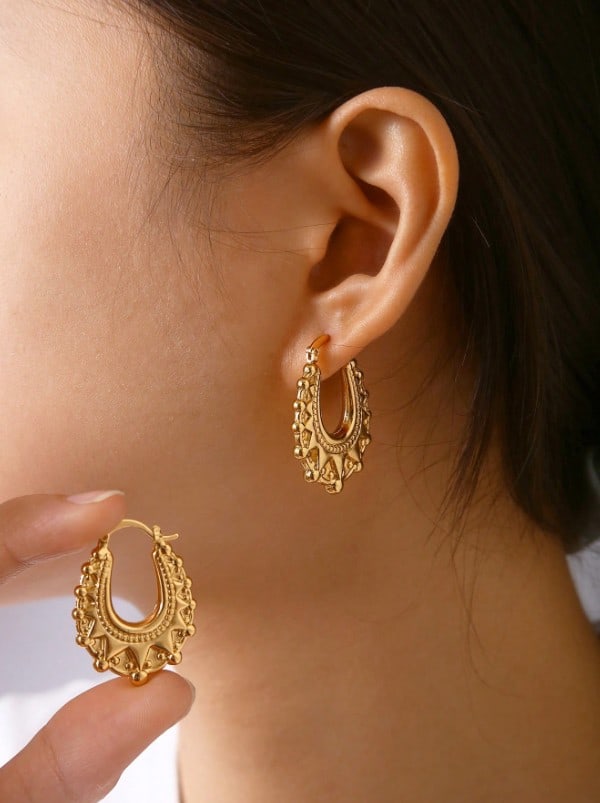 Retro Gold Plated Victorian Spiked Oval Creole Hoop Earrings - 5