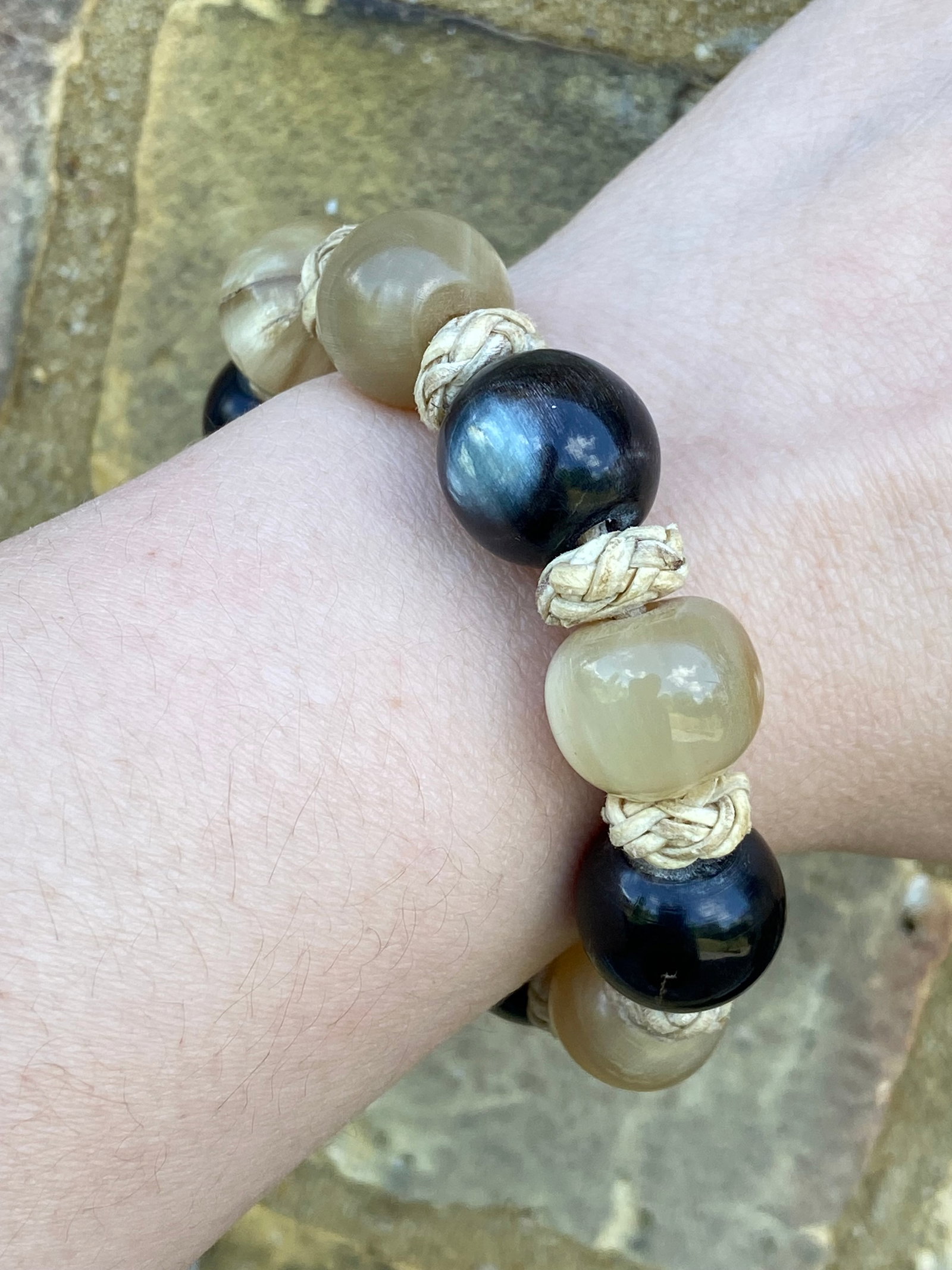 Vintage Braided Leather Bracelet with Mixed Natural Horn Beads, 20cm - 15