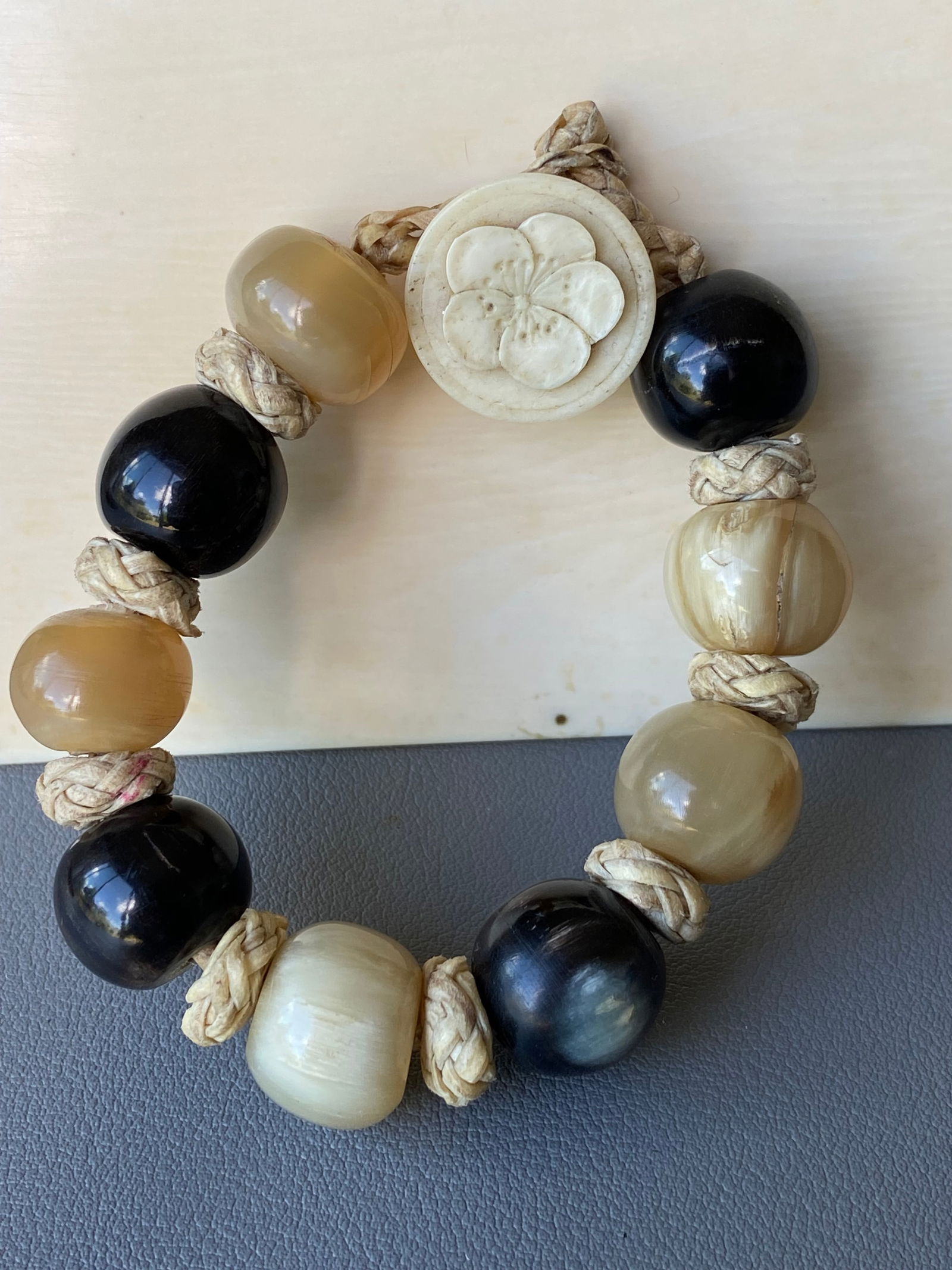 Vintage Braided Leather Bracelet with Mixed Natural Horn Beads, 20cm - 2