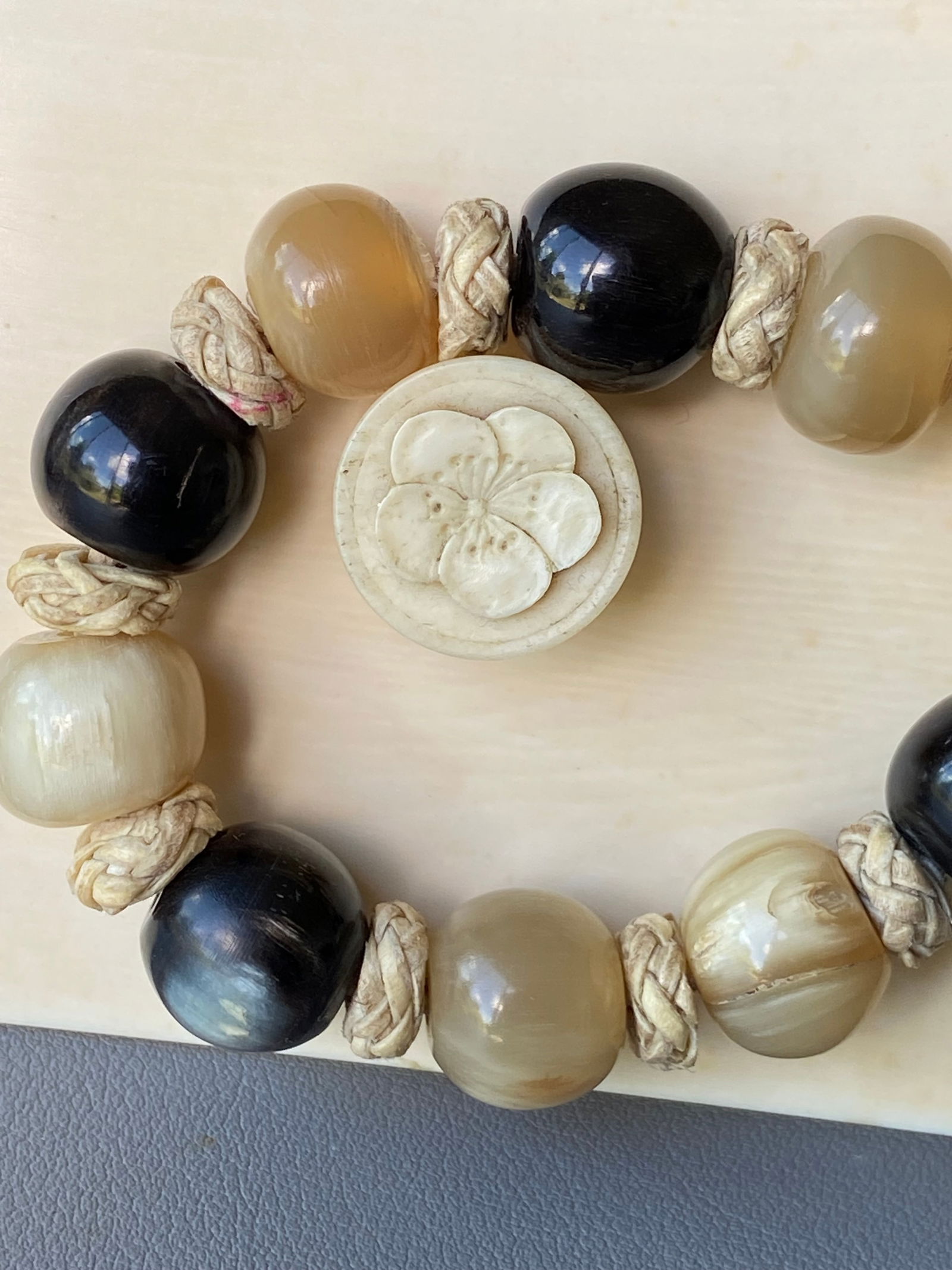 Vintage Braided Leather Bracelet with Mixed Natural Horn Beads, 20cm - 4