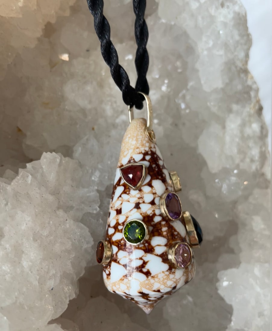 Conus Shell Pendant With Mixed Gemstones - 3