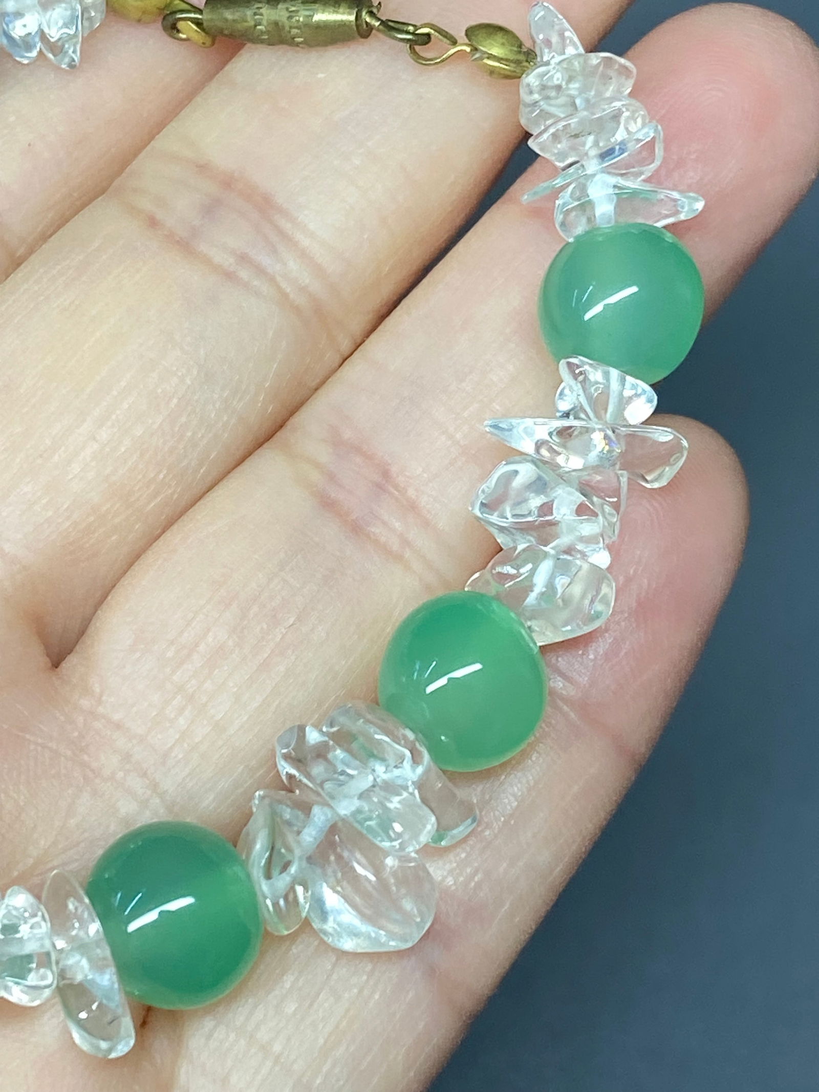 Vintage Green Chalcedony and Rock Crystal Bead Bracelet - 7