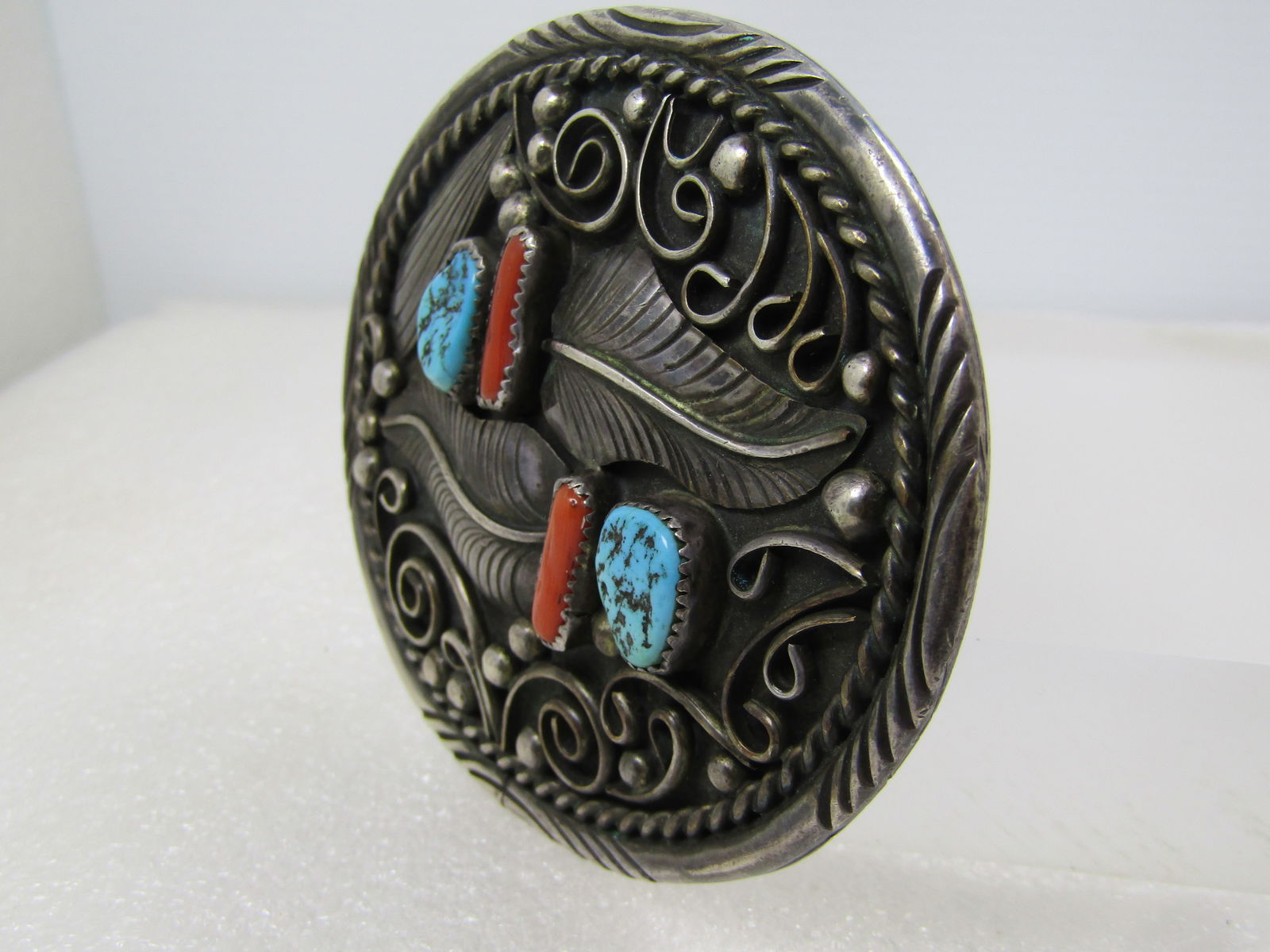 Vintage Sterling Southwestern Belt Buckle, Turquoise/Coral T.C. Yazzie, 1970's - 2
