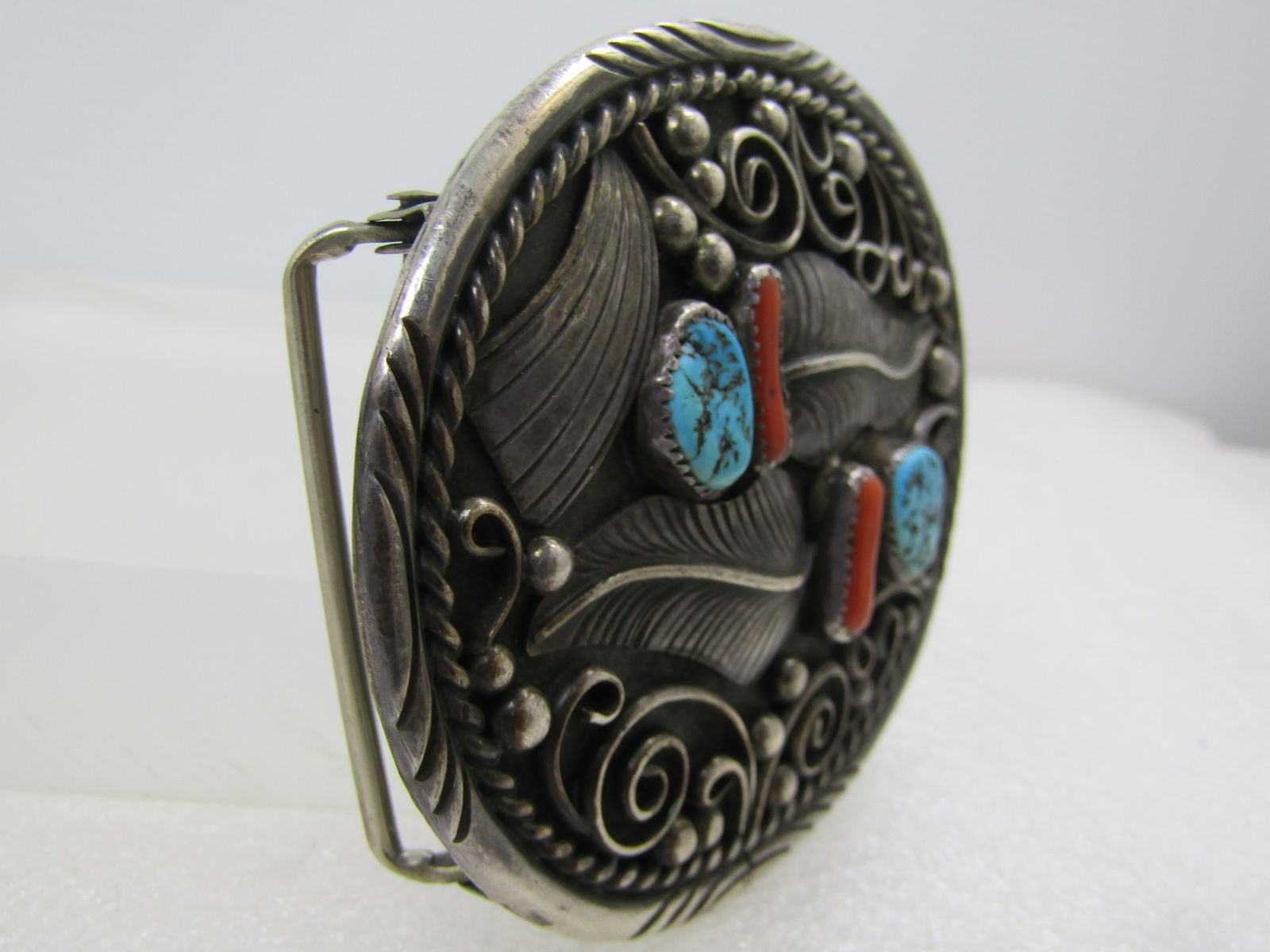 Vintage Sterling Southwestern Belt Buckle, Turquoise/Coral T.C. Yazzie, 1970's - 3