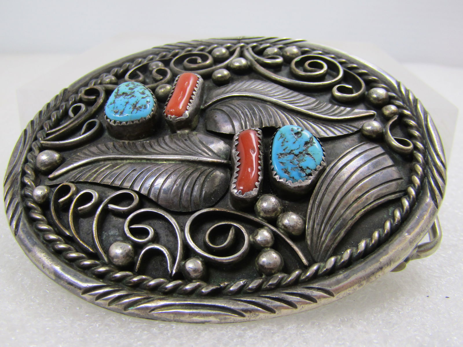 Vintage Sterling Southwestern Belt Buckle, Turquoise/Coral T.C. Yazzie, 1970's - 7