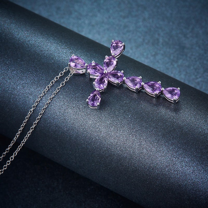 18K White Gold Plated Amethyst Cross Pendant Necklace - 3