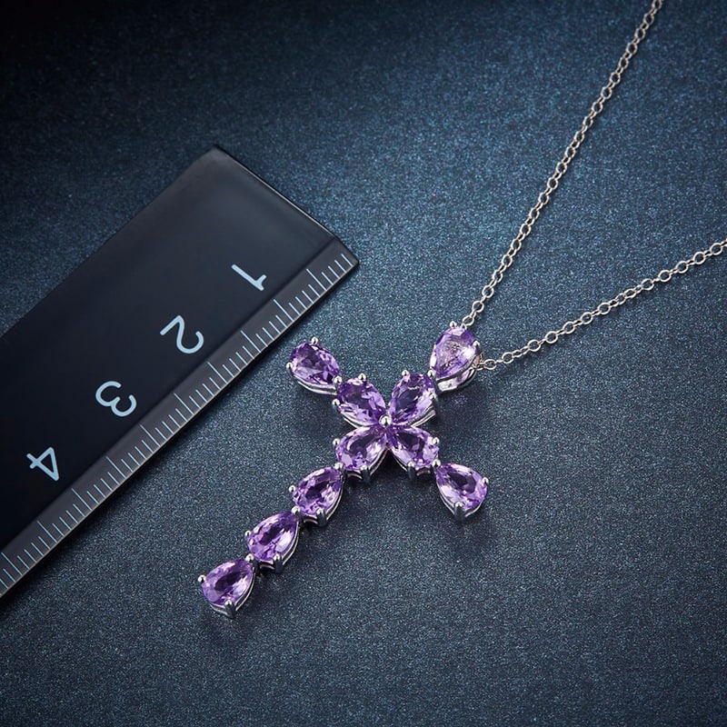 18K White Gold Plated Amethyst Cross Pendant Necklace - 6