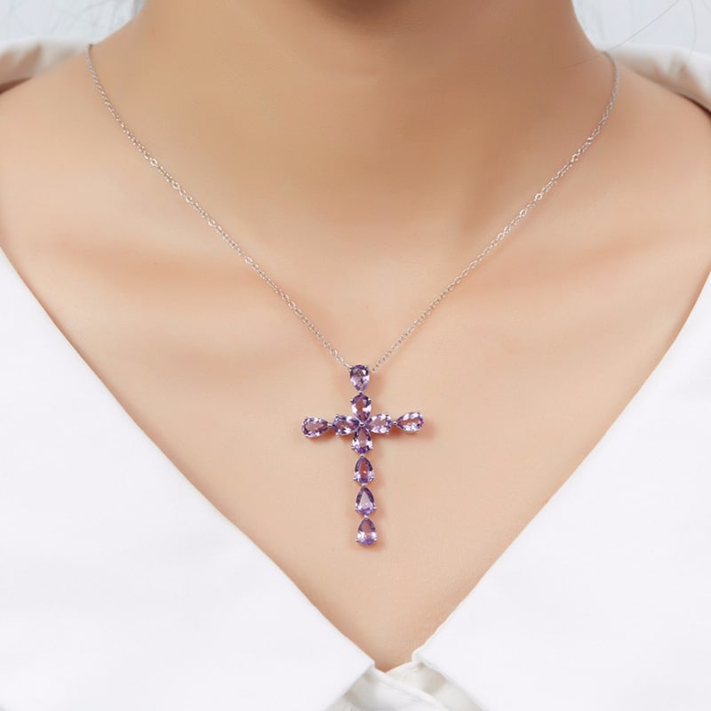 18K White Gold Plated Amethyst Cross Pendant Necklace - 7