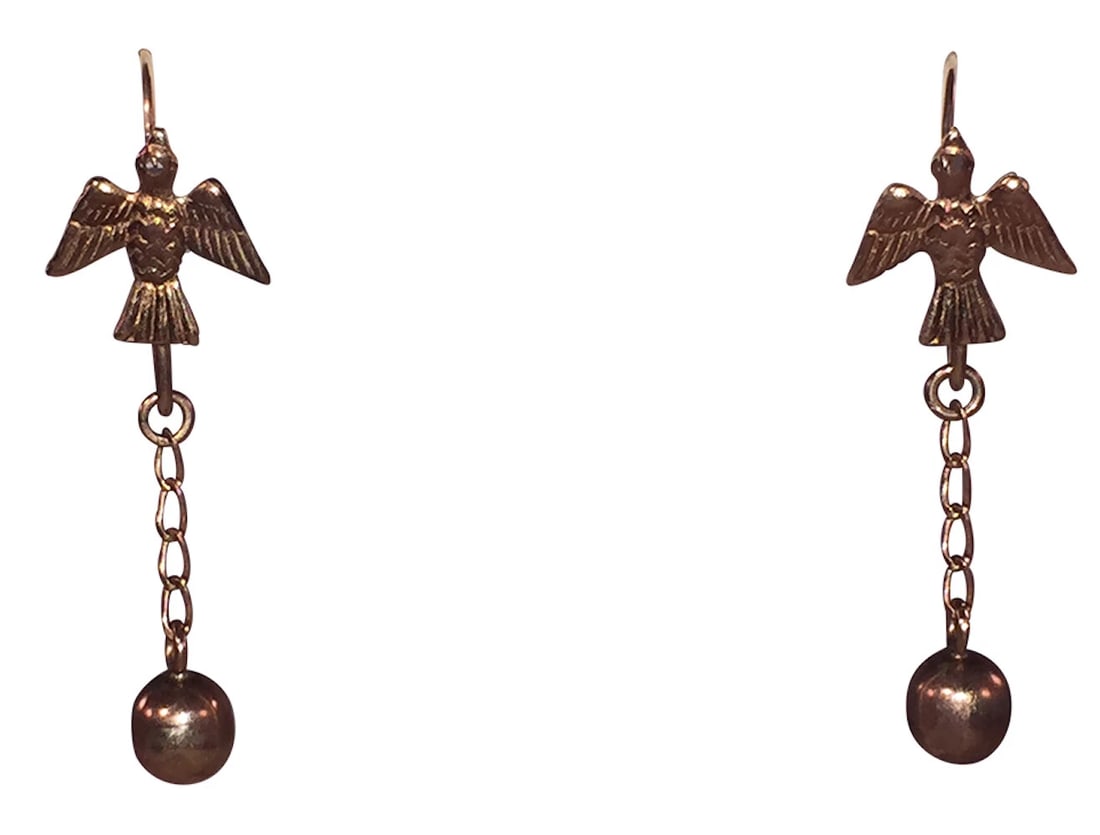 Mexican Swallow Bird 8 KT Gold Dangle Ball Earrings: Title:Mexican Swallow Bird 8 KT Gold Dangle Ball EarringsDescription:Hand made artisan Mexican swallow bird 8 KT gold dangle ball earrings. Made in a Victorian style, but they are new and un-used.