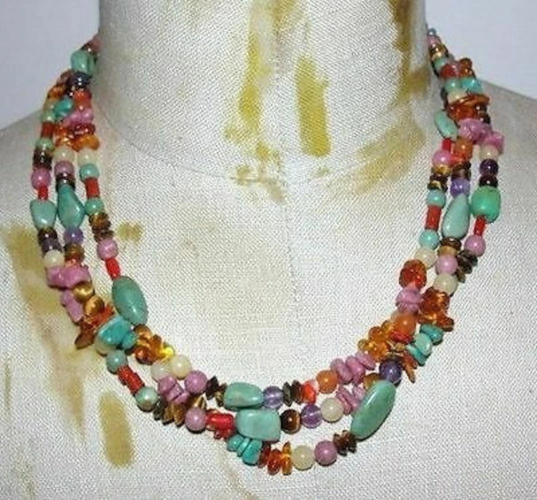 Southwestern Natural Gemstone Motif Triple Strand Bead Necklace (1 of 3)