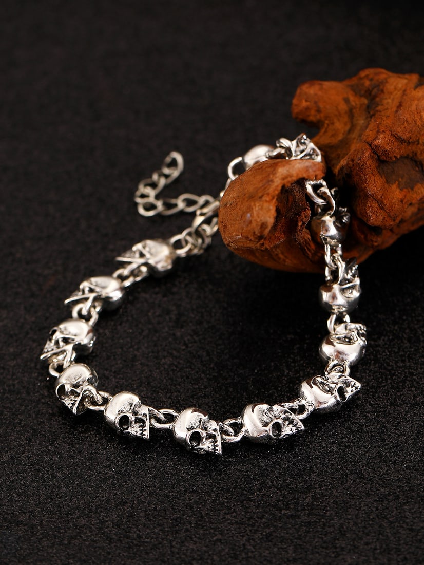 Titanium Steel Skull Bracelet – 14 Skull Beads, Gothic Punk Jewelry - 3