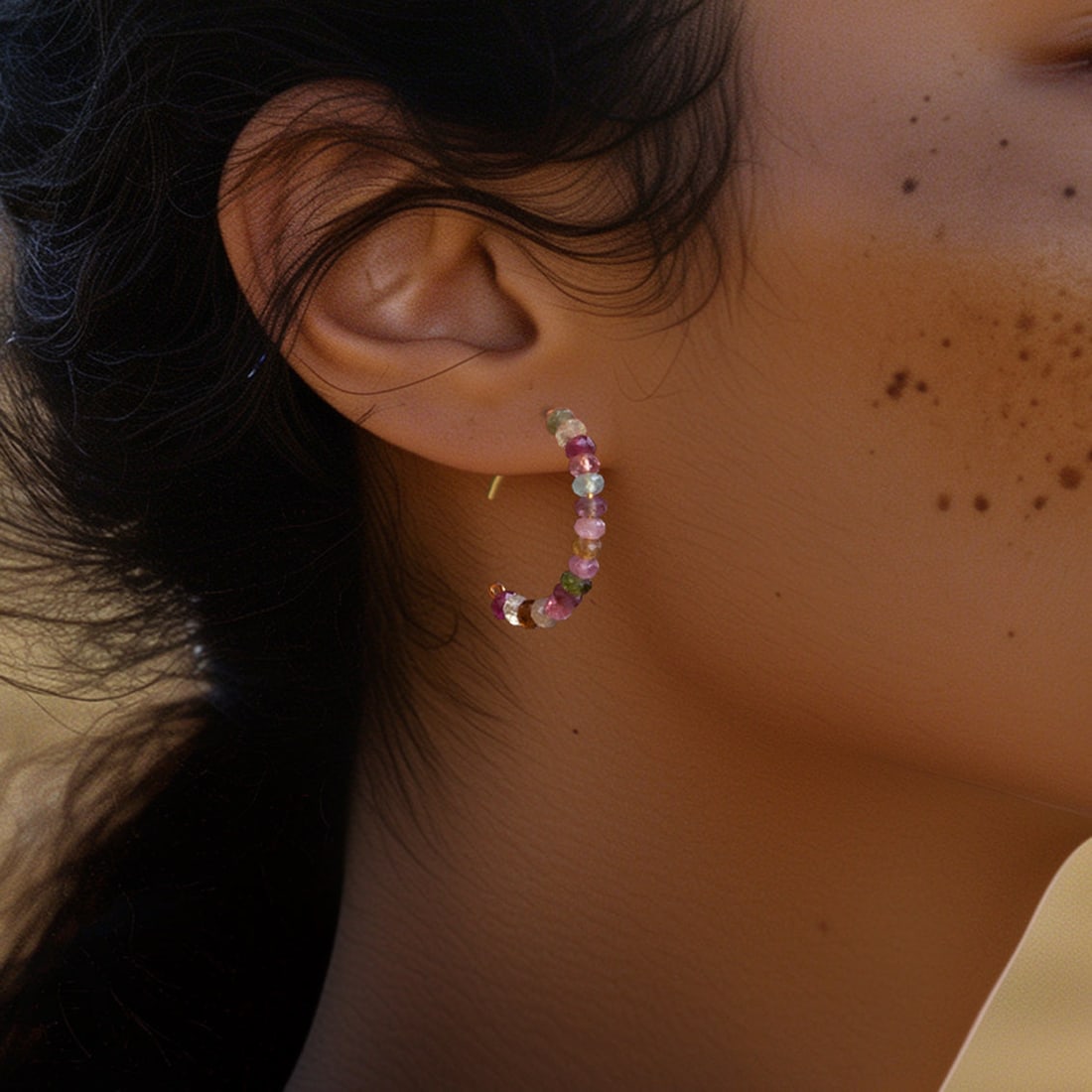 Rainbow Tourmaline Half Moon Earring Large 14K Gold Hoop - 7