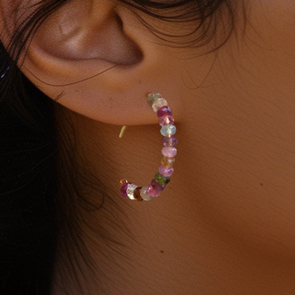 Rainbow Tourmaline Half Moon Earring Large 14K Gold Hoop - 8