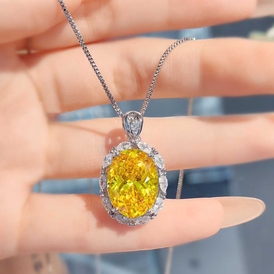 18k White Gold plated Cushion Cut Pigeon Egg Created Yellow Sapphire Moissanite Pendant Necklace - 2