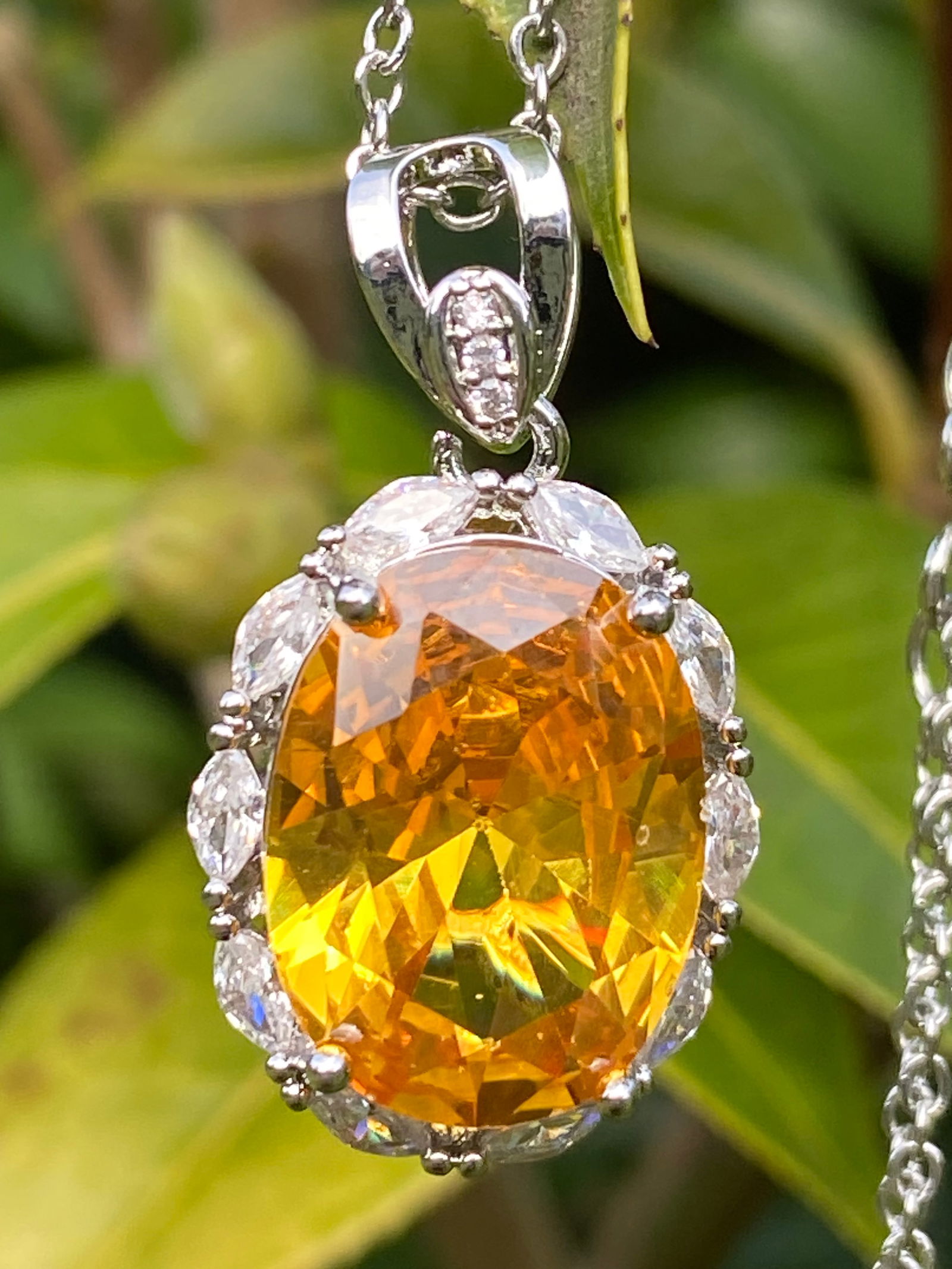 18k White Gold plated Cushion Cut Pigeon Egg Created Yellow Sapphire Moissanite Pendant Necklace - 3