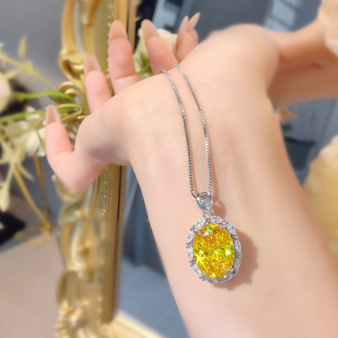 18k White Gold plated Cushion Cut Pigeon Egg Created Yellow Sapphire Moissanite Pendant Necklace - 7