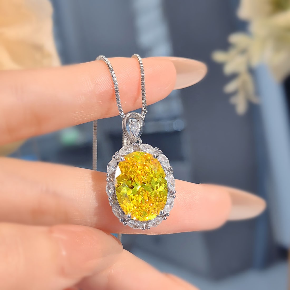 18k White Gold plated Cushion Cut Pigeon Egg Created Yellow Sapphire Moissanite Pendant Necklace - 8