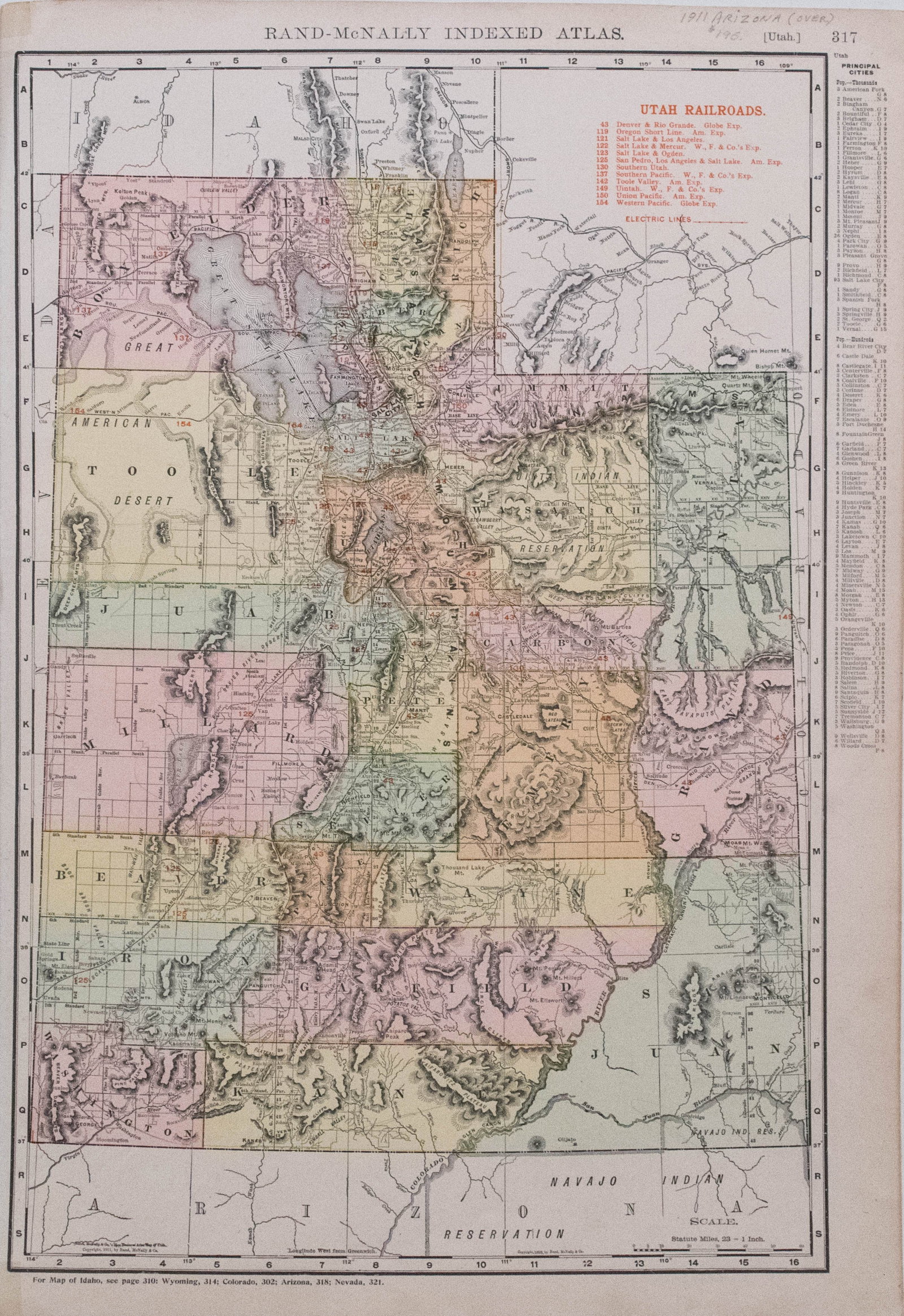 1911 Rand McNally Map of Utah and Arizona -- Rand McNally Indexed Atlas (Utah) verso (Arizona) (1 of 2)