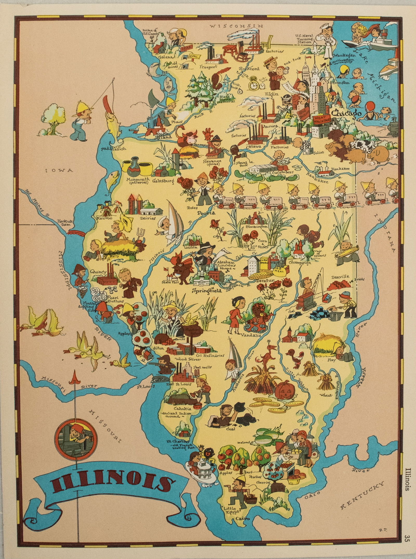 1938 R Taylor White Pictorial Map of Illinois -- Illinois: Title:1938 R Taylor White Pictorial Map of Illinois -- Illinois Cartographer: Ruth Taylor White Year/Place:1938, Boston Map Dimension(in.):11.6 x 8.5 in. Description:This is Ruth Taylor White's charmi
