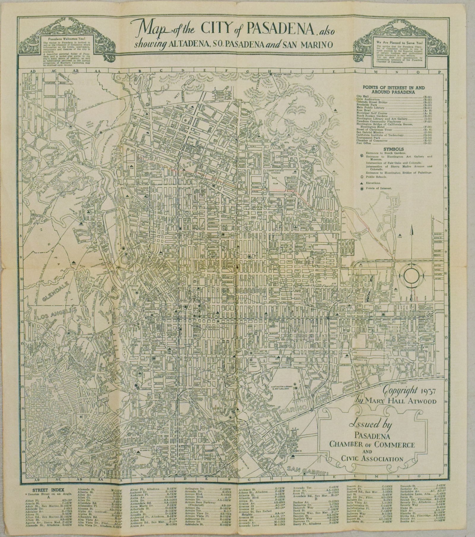 1937 Atwood Map of Pasadena, California -- Map of the City of Pasadena including Street Index and (1 of 2)