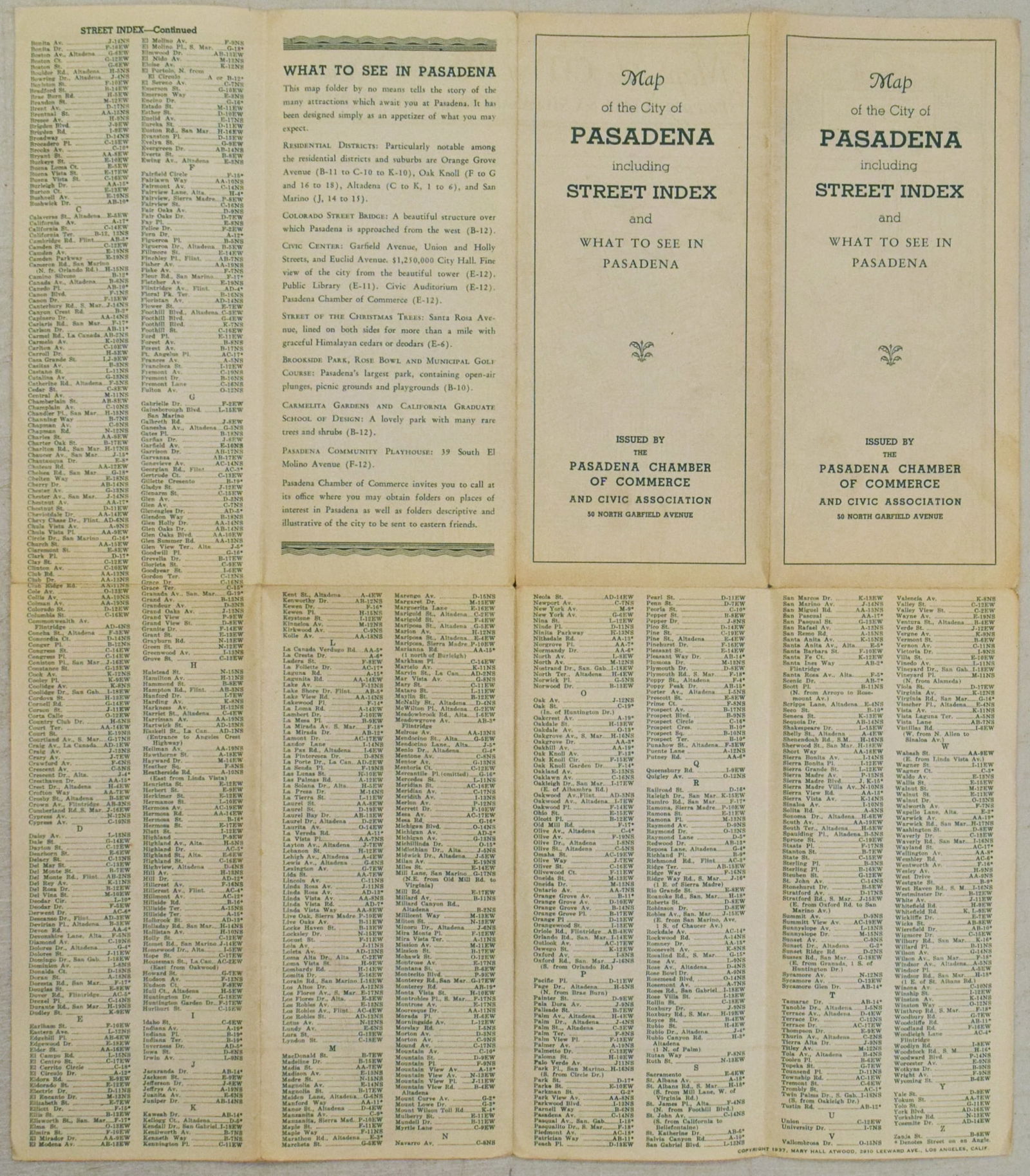 1937 Atwood Map of Pasadena, California -- Map of the City of Pasadena including Street Index and - 2