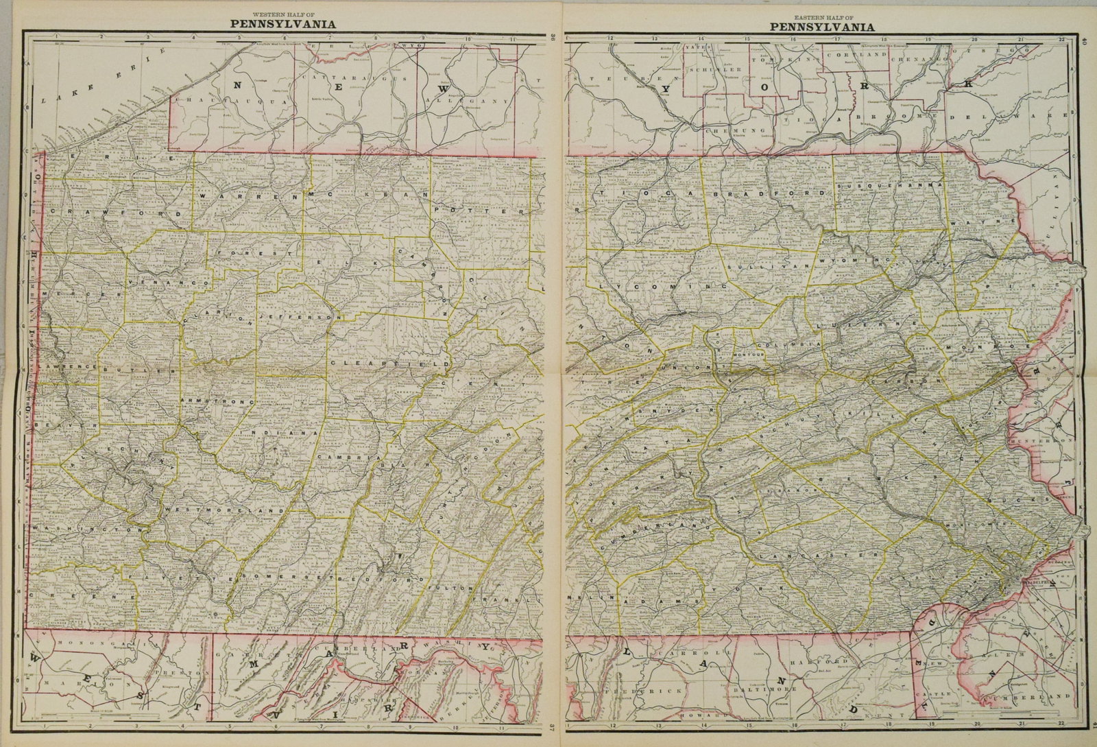 1889 Cram Map of Western and Eastern Pennsylvania on Two Sheets -- Western Half of Pennsylvania [and (1 of 1)