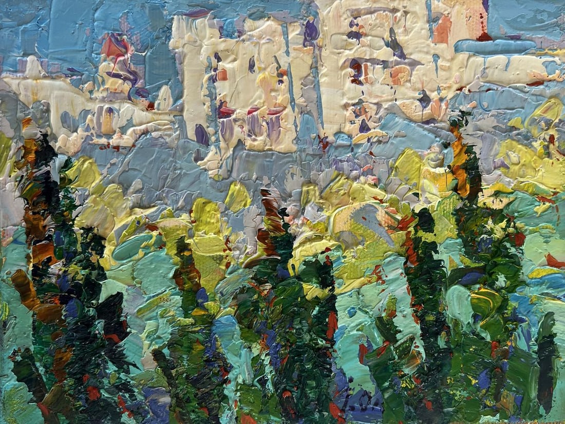 Oil painting Sunny summer city Alex Kalenyuk: Title: Oil painting Sunny summer city Alex Kalenyuk Description: №AAA4471 This oil painting canvas is titled "Sunny summer city" is a vibrant and expressive depiction of an urban landscape bathe
