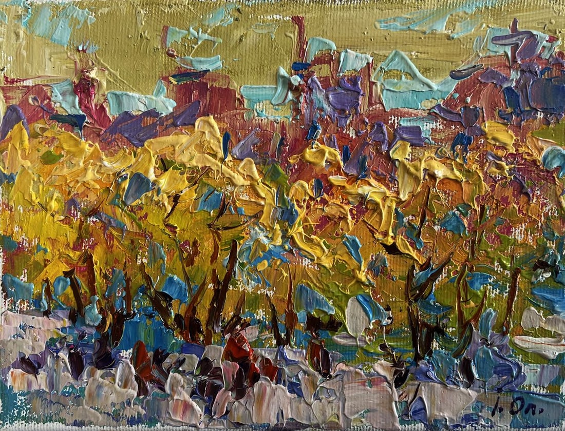 Oil painting Autumn city alley Alex Kalenyuk: Title: Oil painting Autumn city alley Alex Kalenyuk Description: №AAA4478 The painting "Autumn City Alley" captures the enchanting transformation of an urban landscape as it is embraced by the w