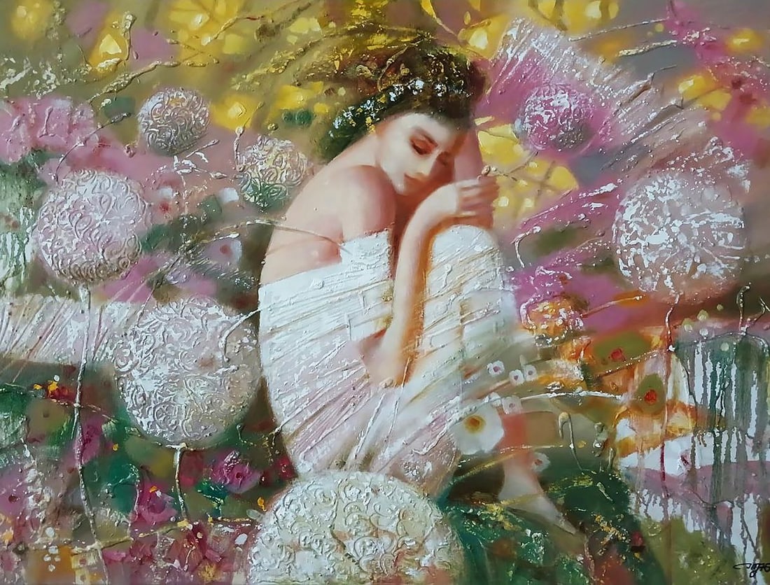 Abstract oil painting White dream Anatoly Tarabanov: Title: Abstract oil painting White dream Anatoly Tarabanov Description: №Tar 374 The painting titled "White Dream" captures a serene and dreamlike atmosphere, featuring a delicate female figure