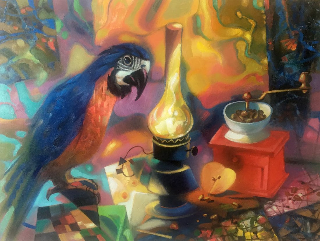 Abstract oil painting Still life with a parrot Anatoly Borisovich Tarabanov (1 of 11)