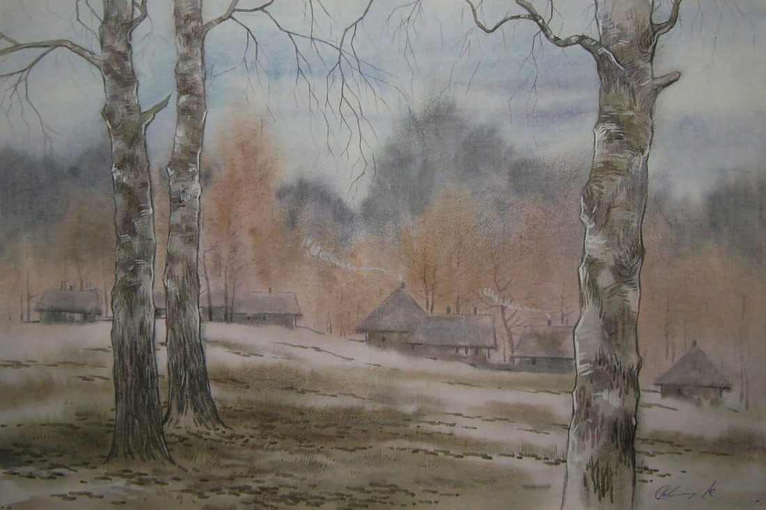 Watercolor painting Village in the snow Valery Savenets (1 of 6)