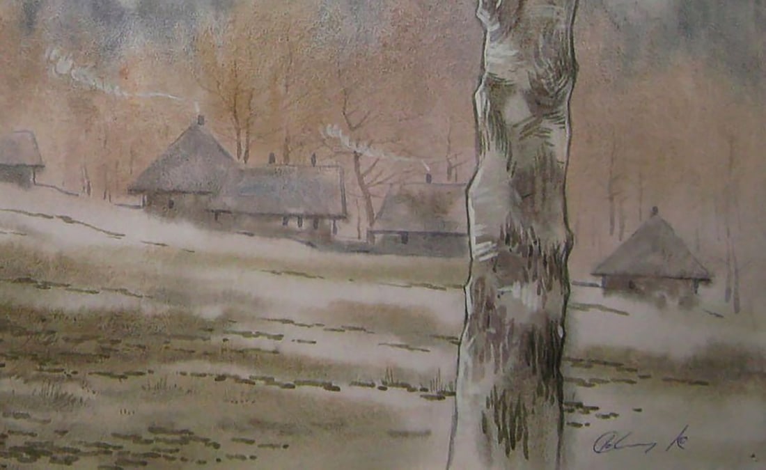 Watercolor painting Village in the snow Valery Savenets - 2