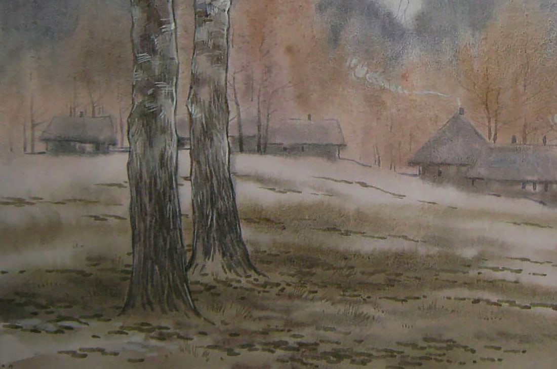 Watercolor painting Village in the snow Valery Savenets - 3