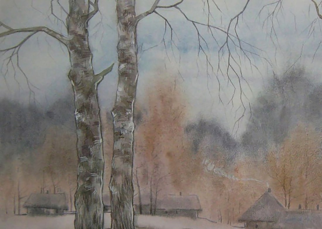 Watercolor painting Village in the snow Valery Savenets - 4