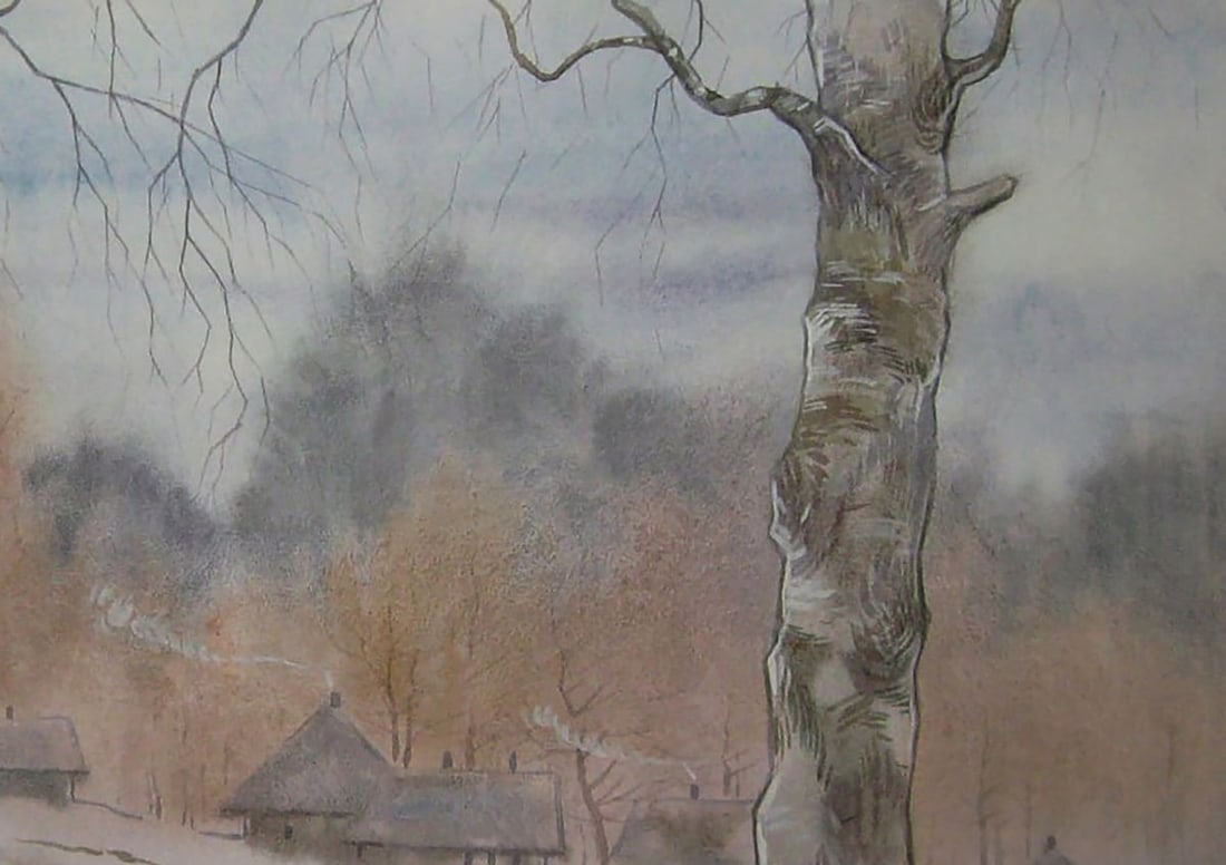 Watercolor painting Village in the snow Valery Savenets - 5