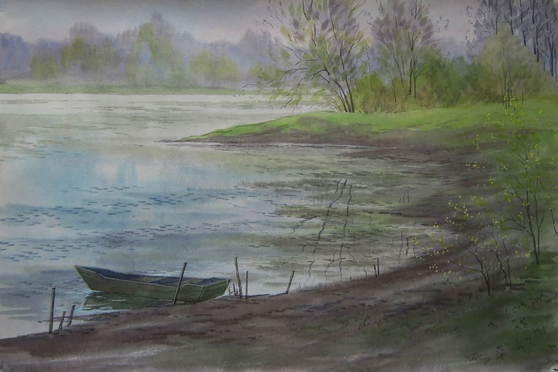 Watercolor painting Old boat by the river Valery Savenets (1 of 6)