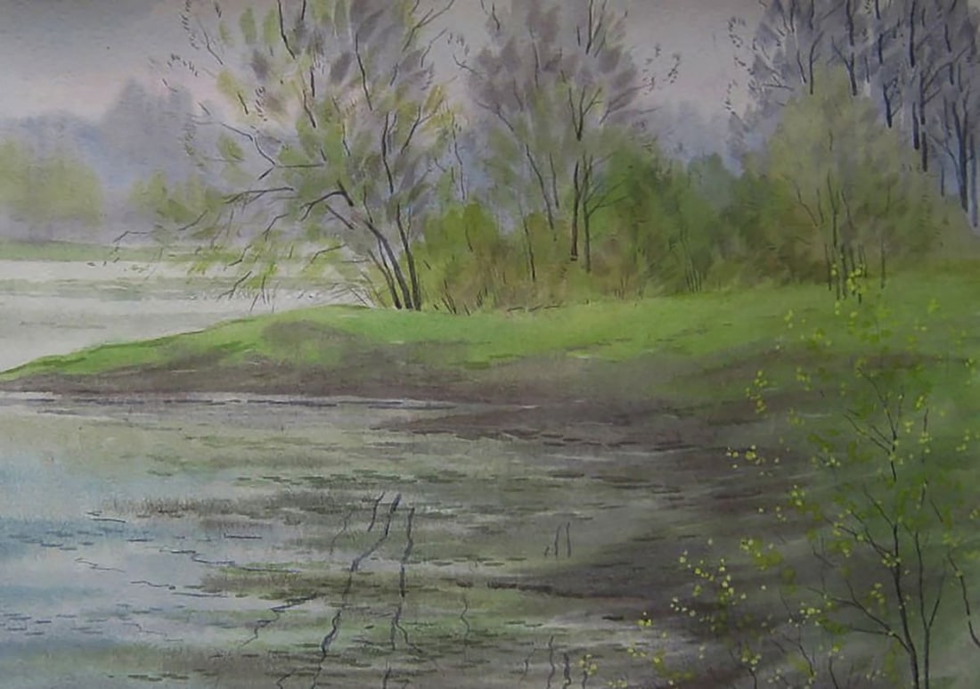 Watercolor painting Old boat by the river Valery Savenets - 5