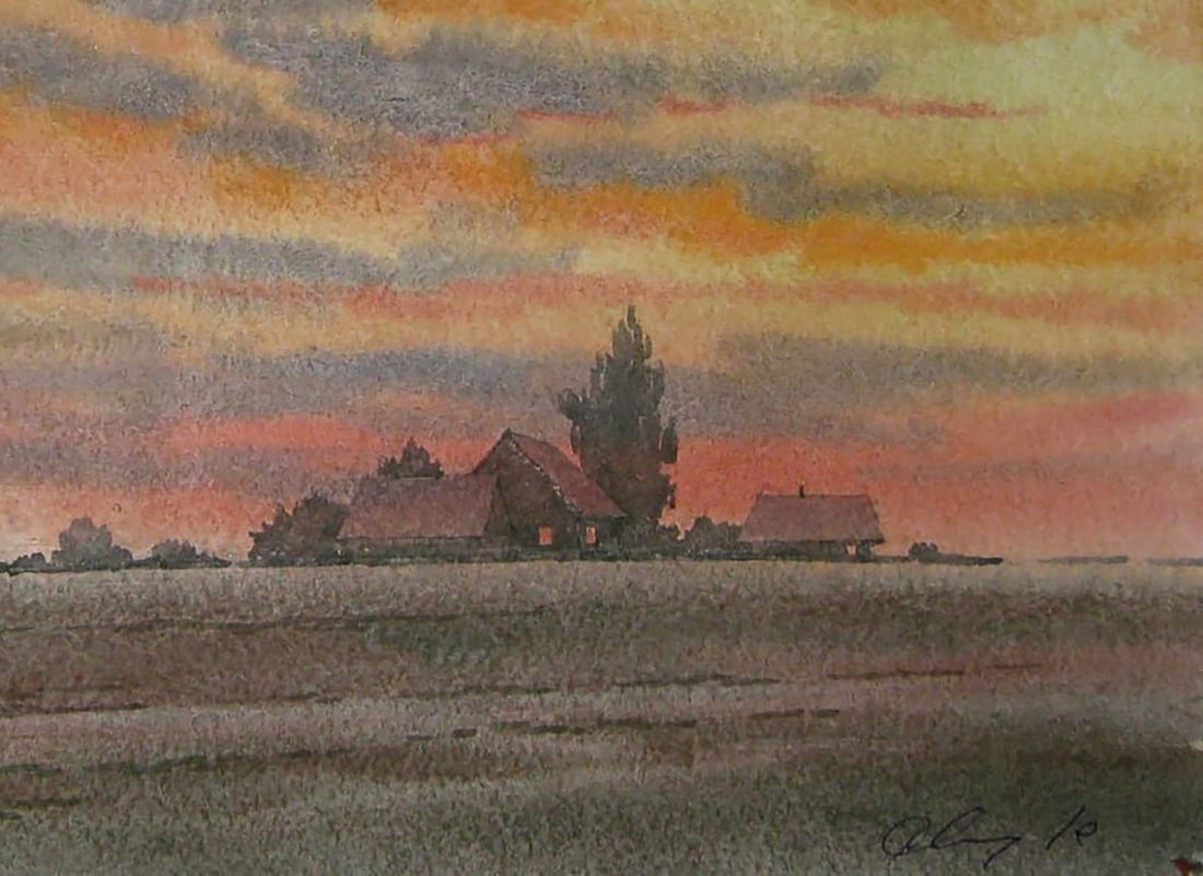 Watercolor painting Summer orange sunset Valery Savenets - 2