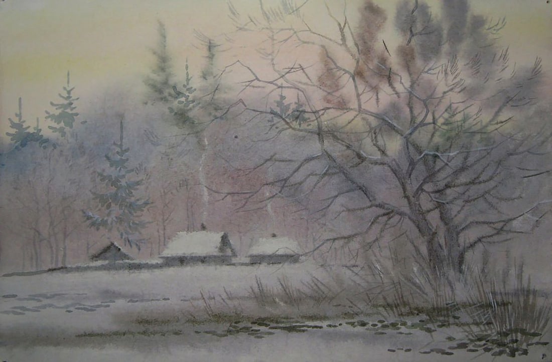 Watercolor painting Winter village Valery Savenets (1 of 6)