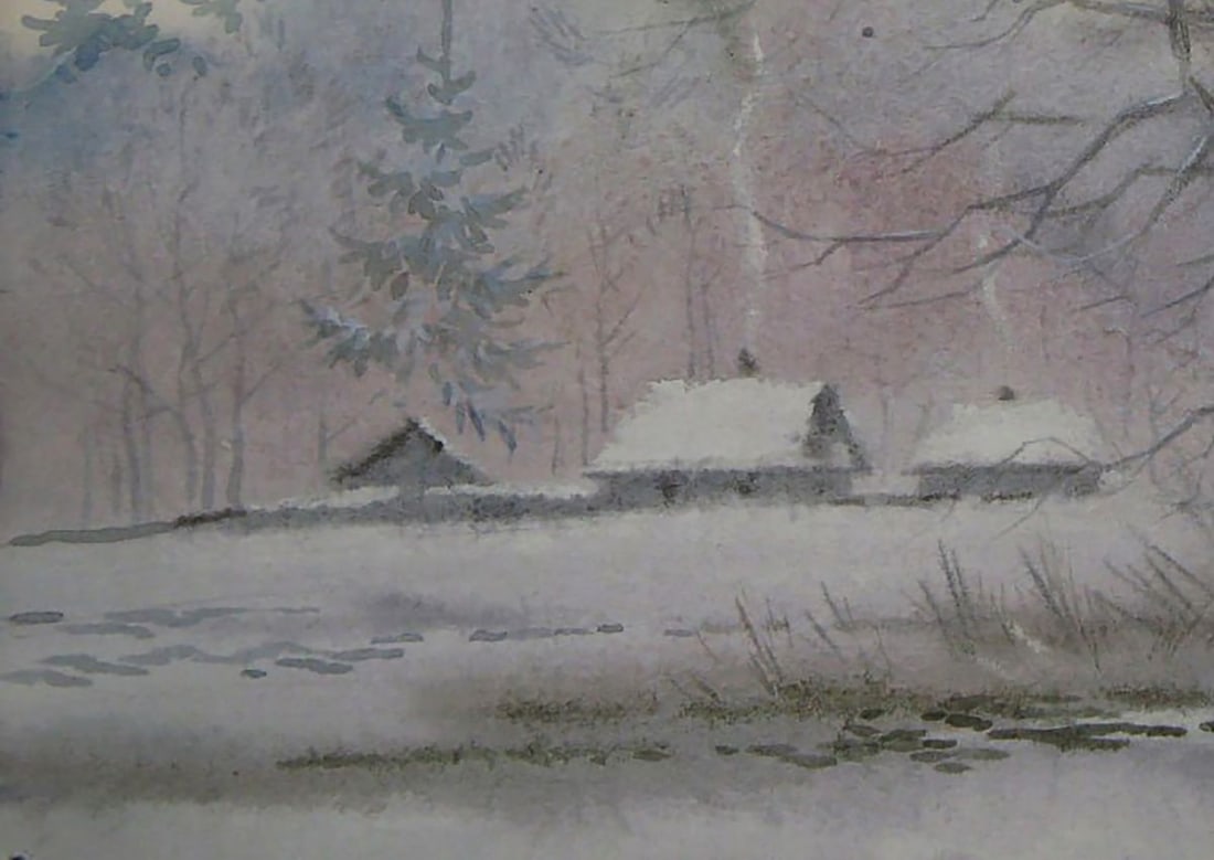 Watercolor painting Winter village Valery Savenets - 3