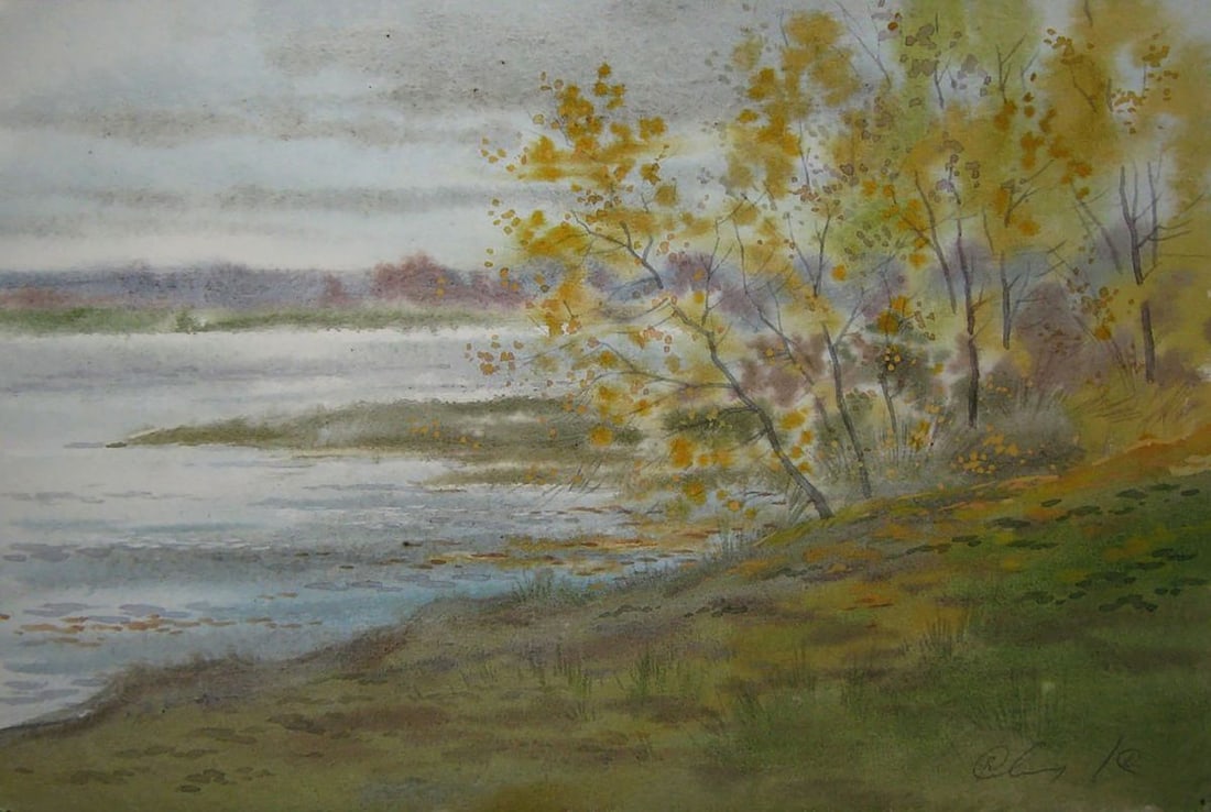 Watercolor painting Autumn shore river Valery Savenets (1 of 6)
