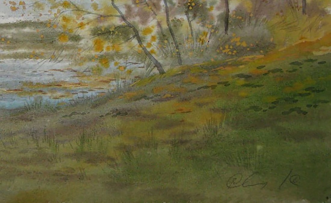 Watercolor painting Autumn shore river Valery Savenets - 2
