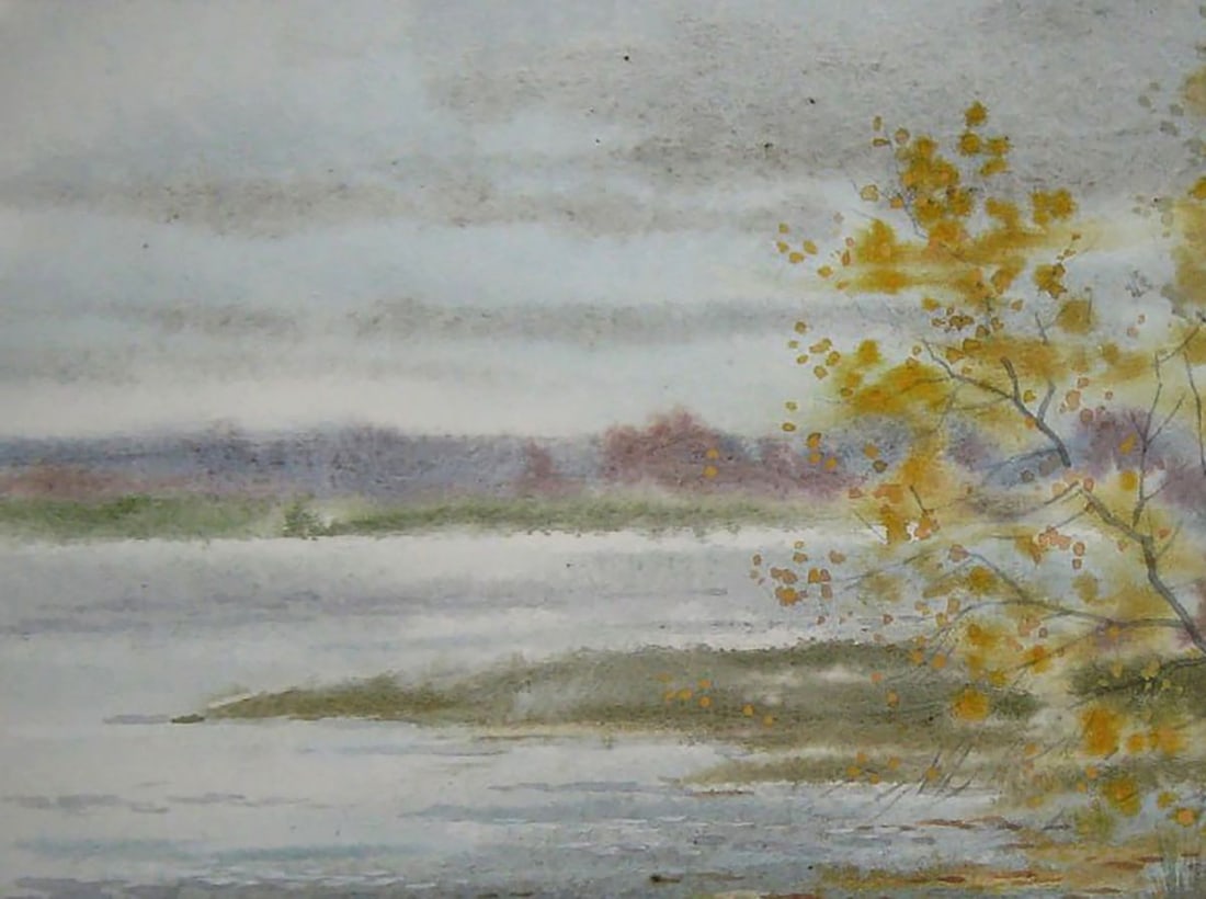 Watercolor painting Autumn shore river Valery Savenets - 4