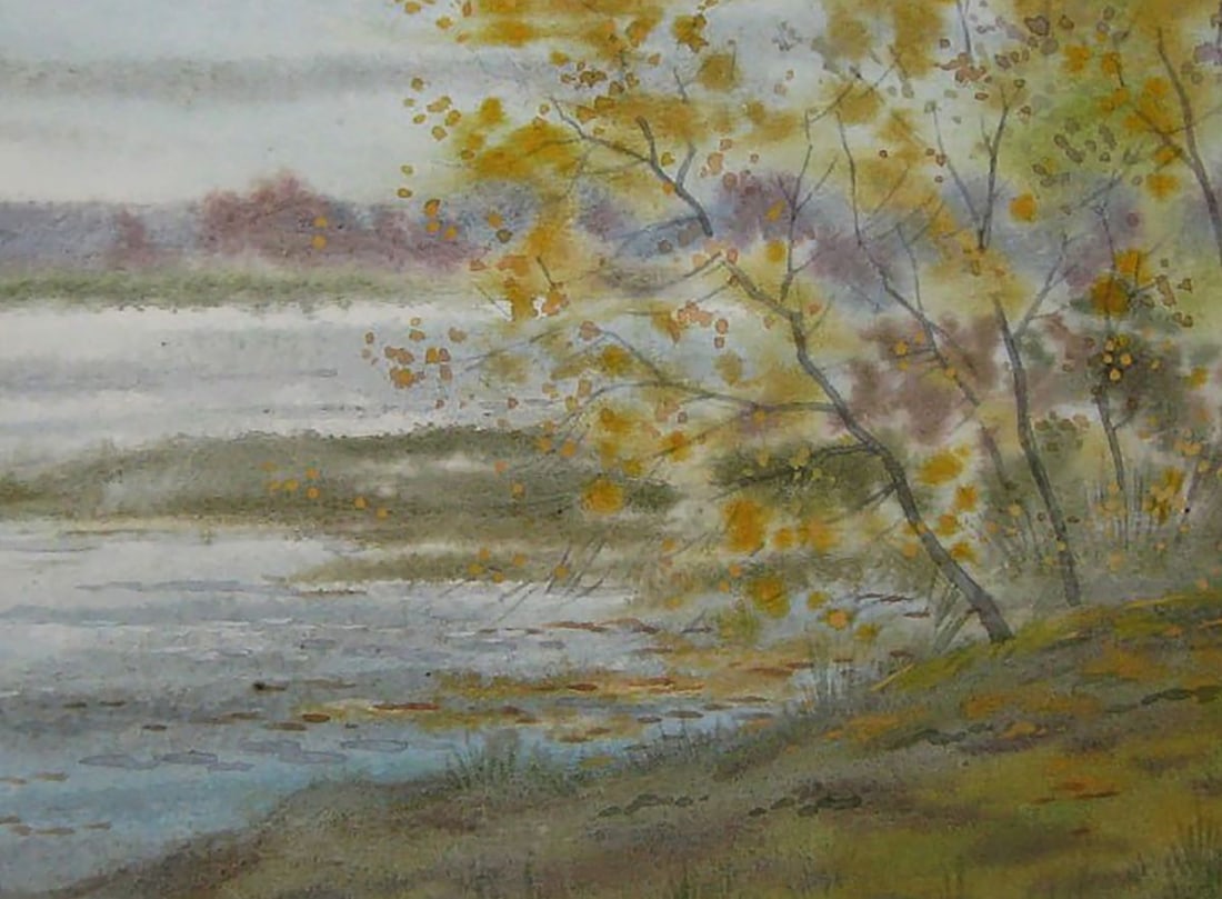Watercolor painting Autumn shore river Valery Savenets - 6