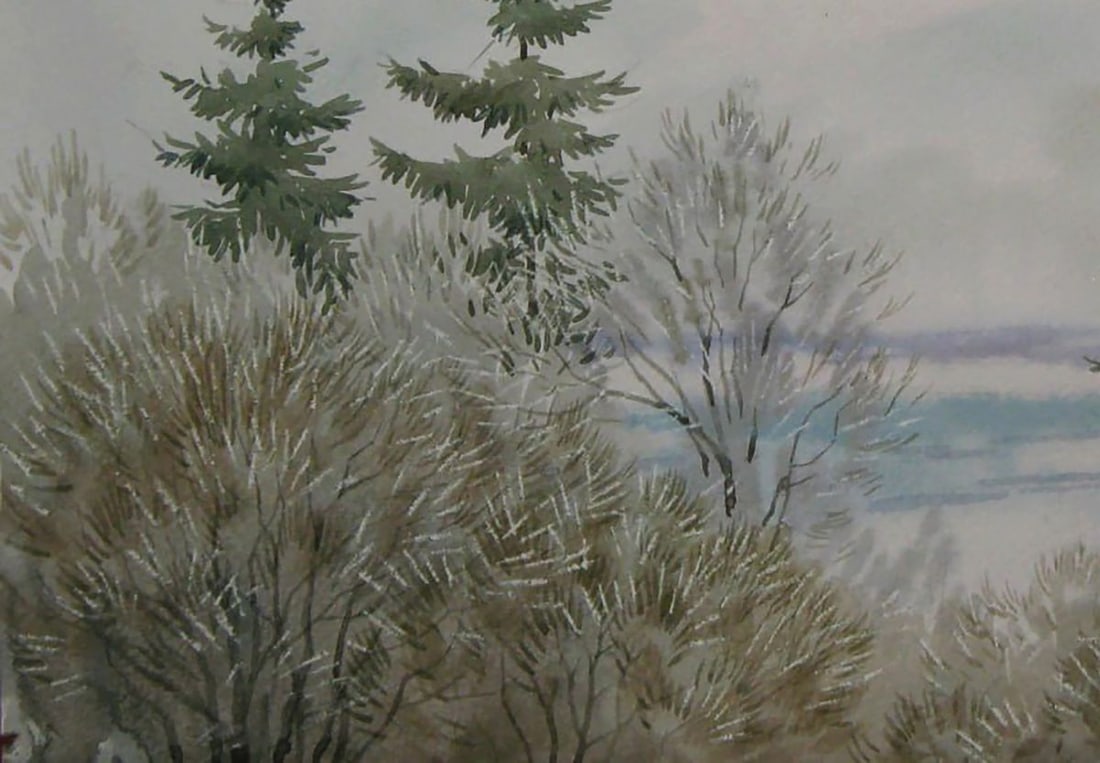 Watercolor painting Winter fog in the forest Valery Savenets - 3
