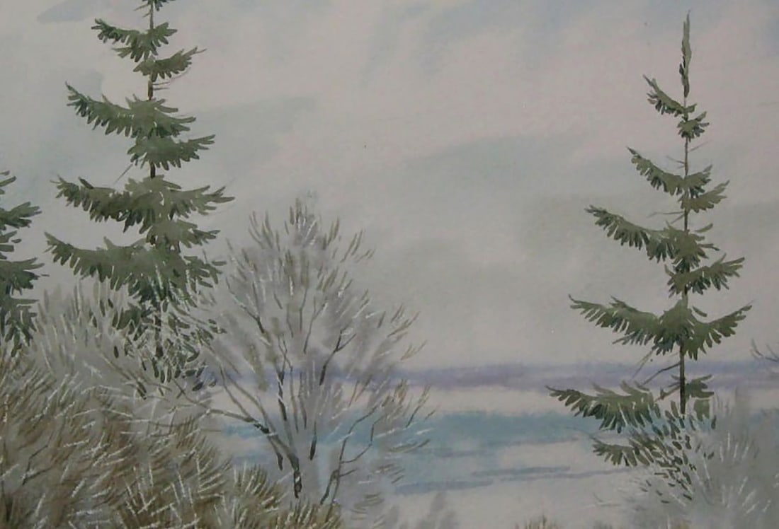 Watercolor painting Winter fog in the forest Valery Savenets - 6