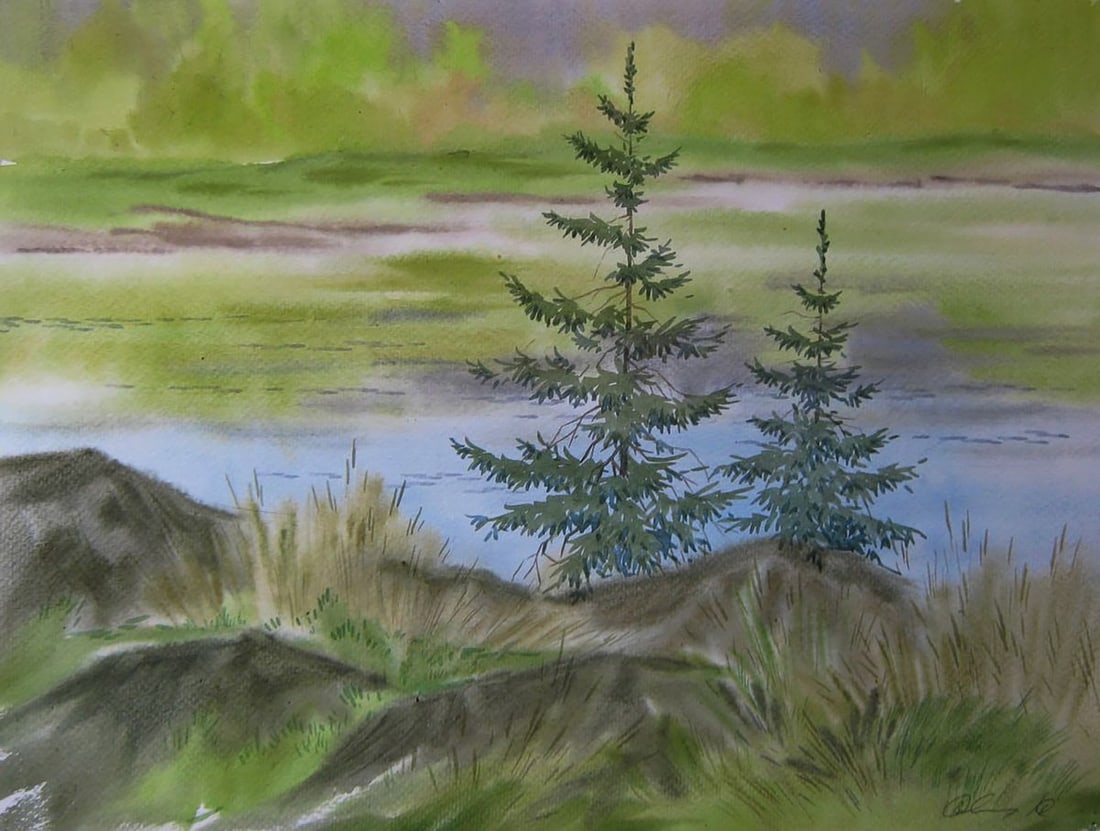 Watercolor painting Green coast river Valery Savenets (1 of 6)